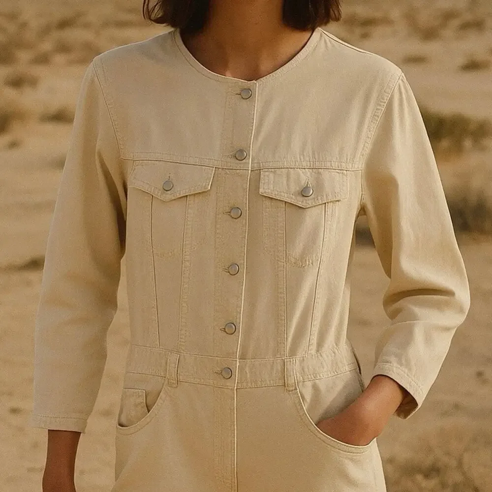 Zara NWT‎ Beige Denim Linen Blend Jumpsuit XS